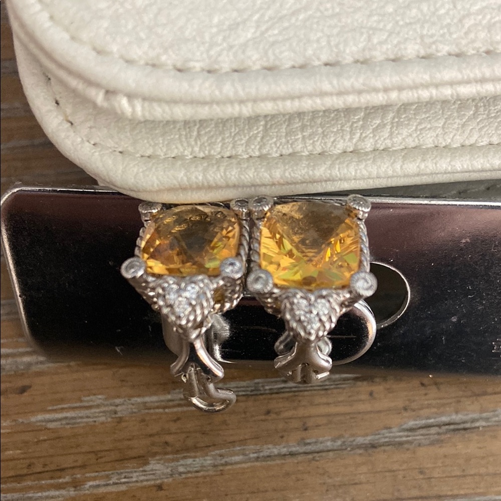 Judith Ripka Sterling Silver Yellow Citrine Omega Back Earrings.
